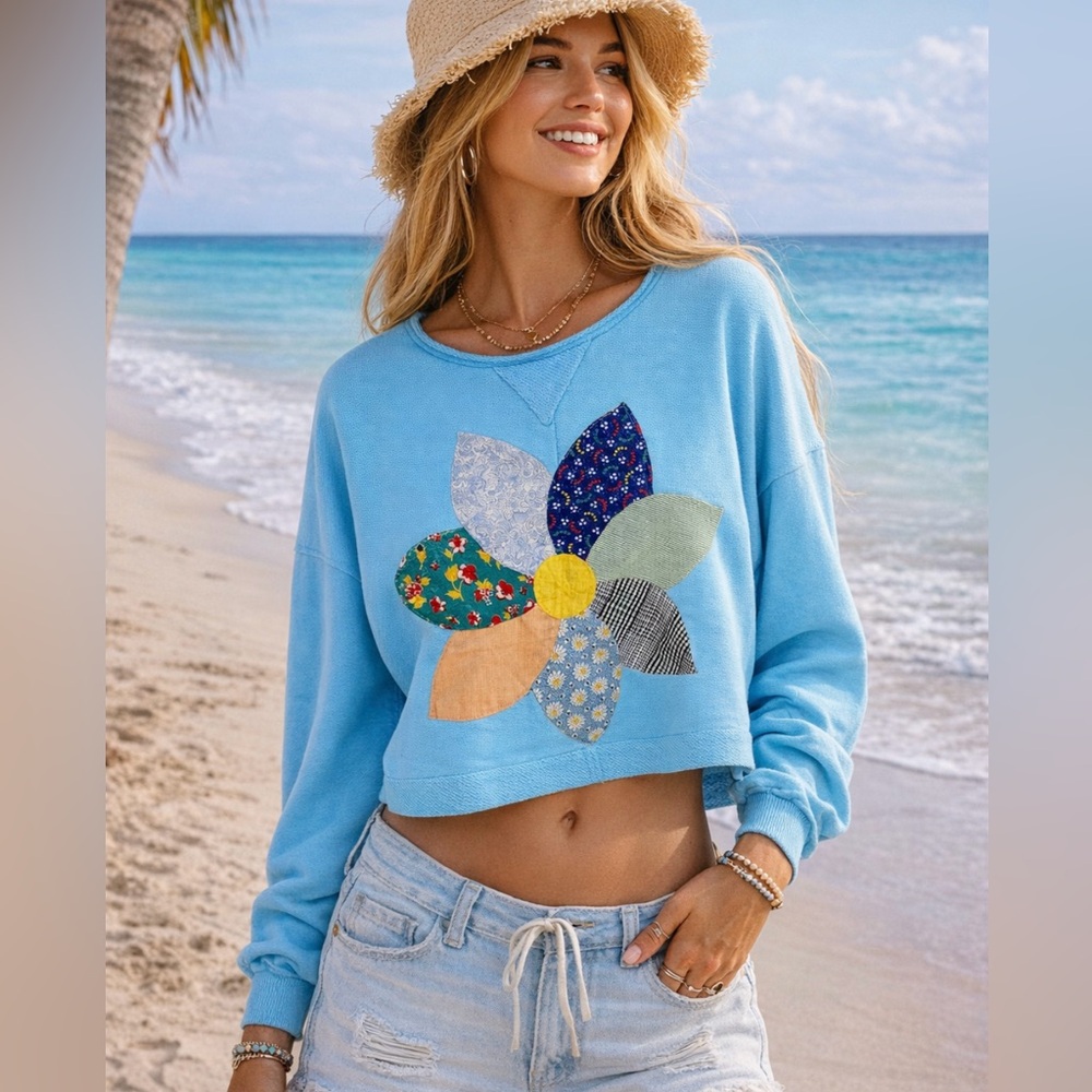 Beachy Patchwork Flower Reworked Oversized Boxy Sweater